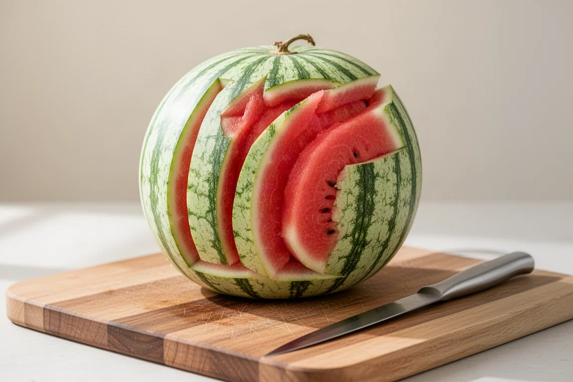 Hände schälen mit einer langen, dünnen Klinge eine ganze Wassermelone