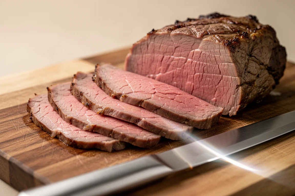 Dünne Scheiben Rinderbraten, sauber gegen die Faser geschnitten, auf einem Brett