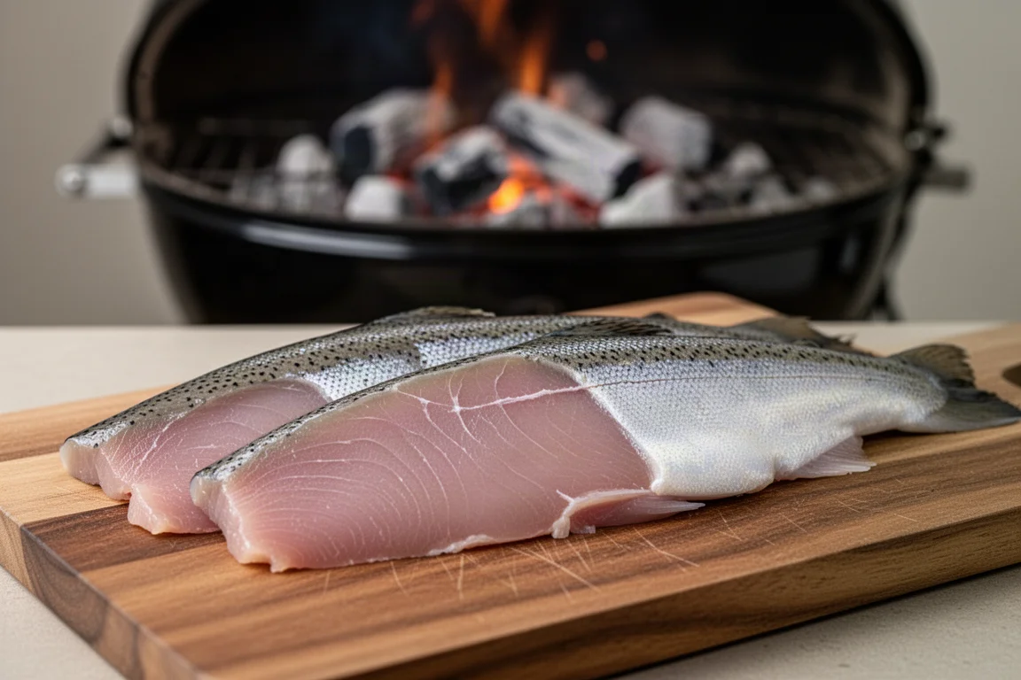 Dünne Scheiben roher Steelhead-Forelle, zum Grillen vorbereitet