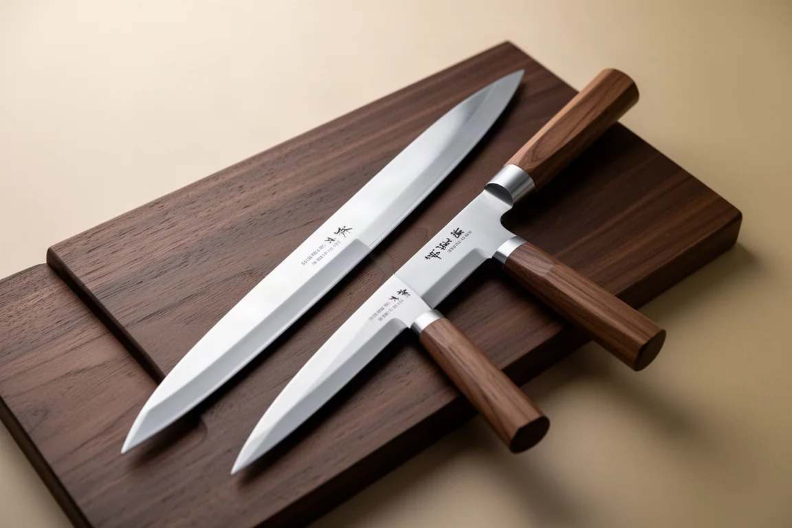 Two long Japanese sujihiki slicing knives on a dark wooden cutting board