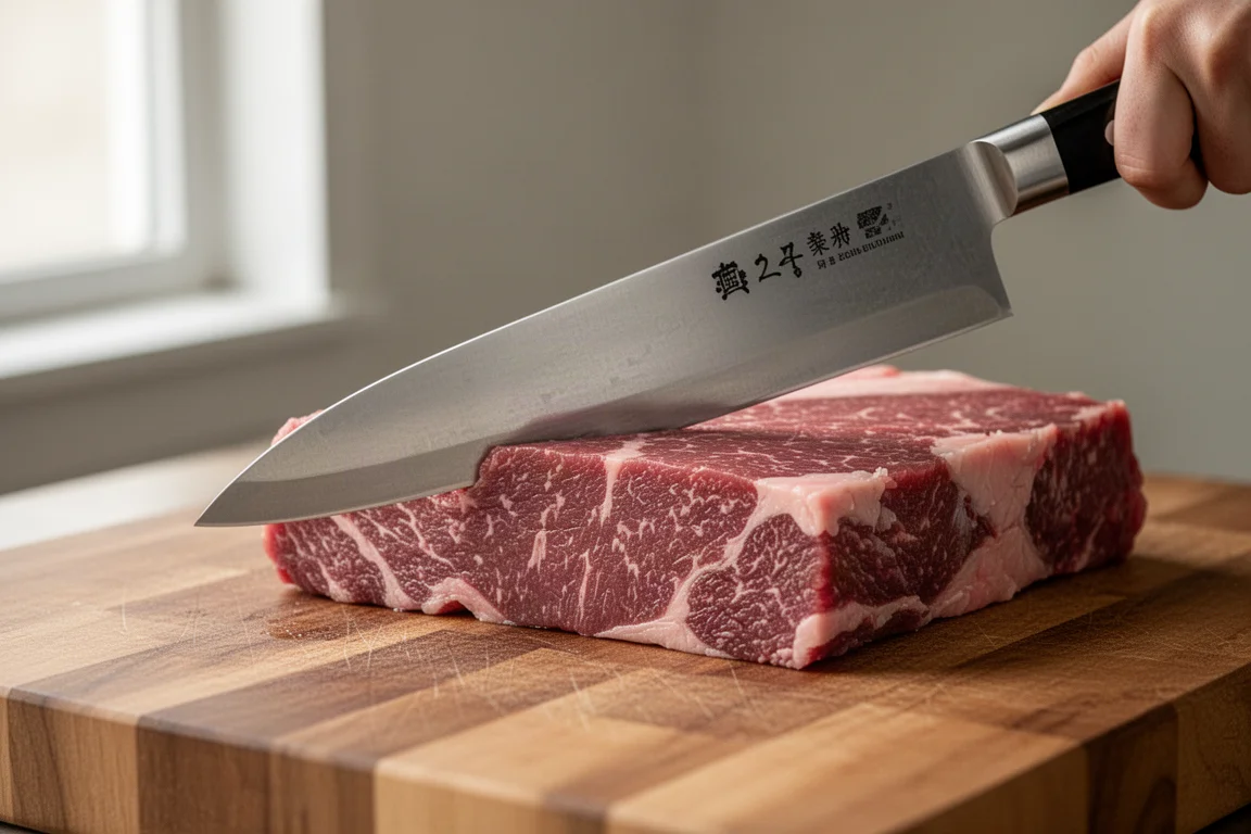 Lång japansk gyutokniv som skär rent genom en tjock bit rått nötkött