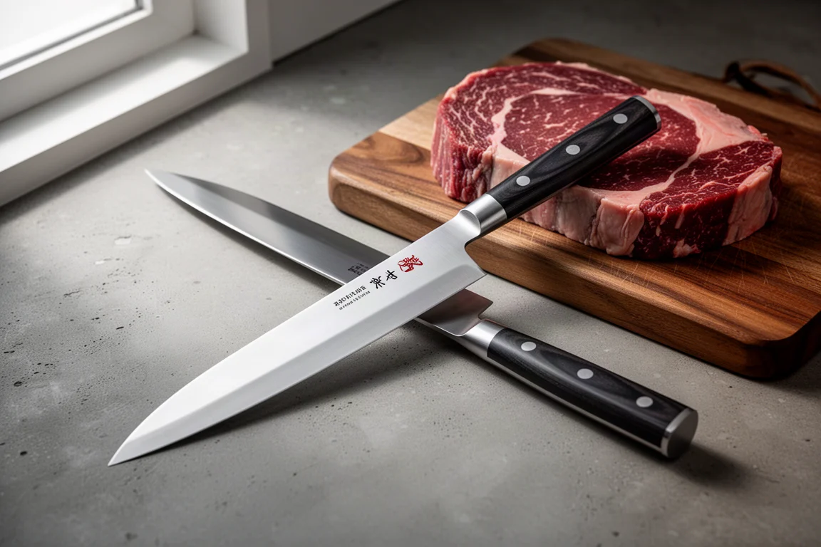 Long Japanese gyuto knife beside a raw steak on a wooden cutting board