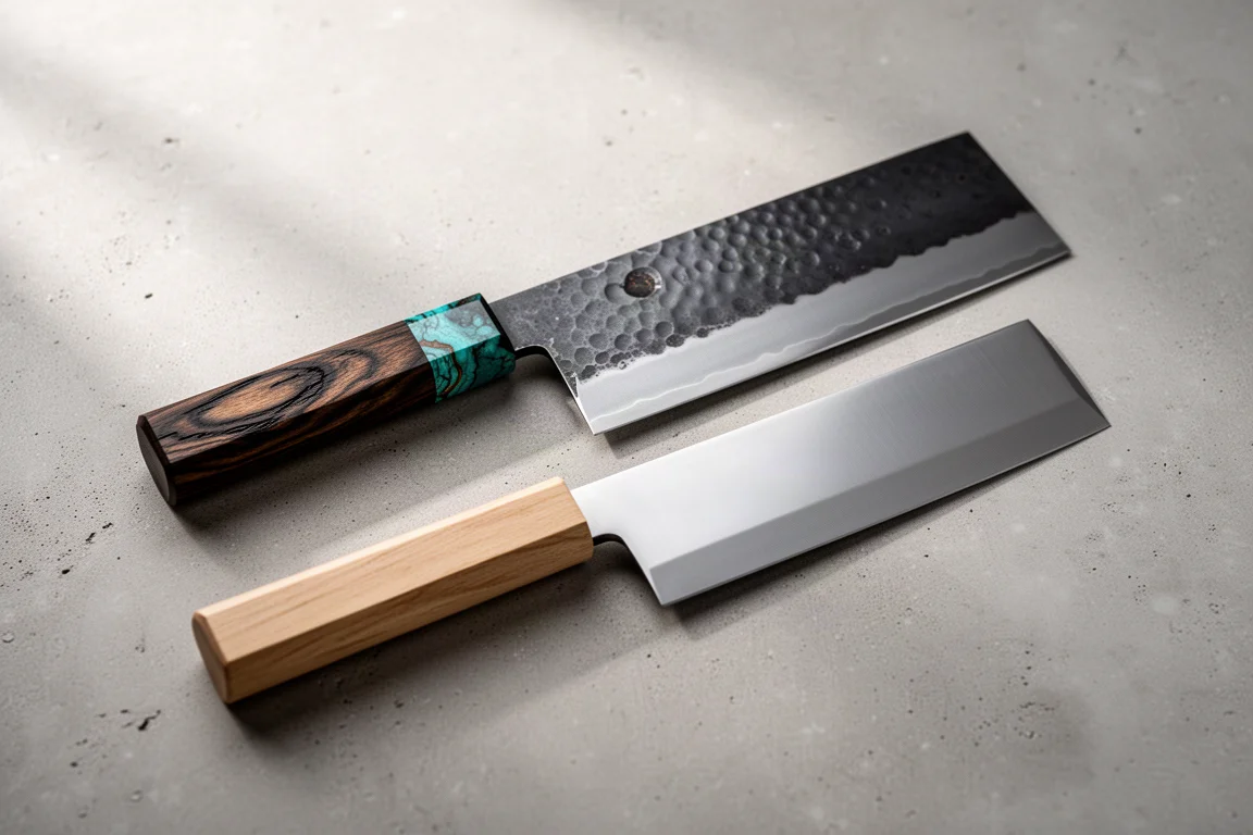 Two nakiri knives with rectangular blades side by side on a concrete surface