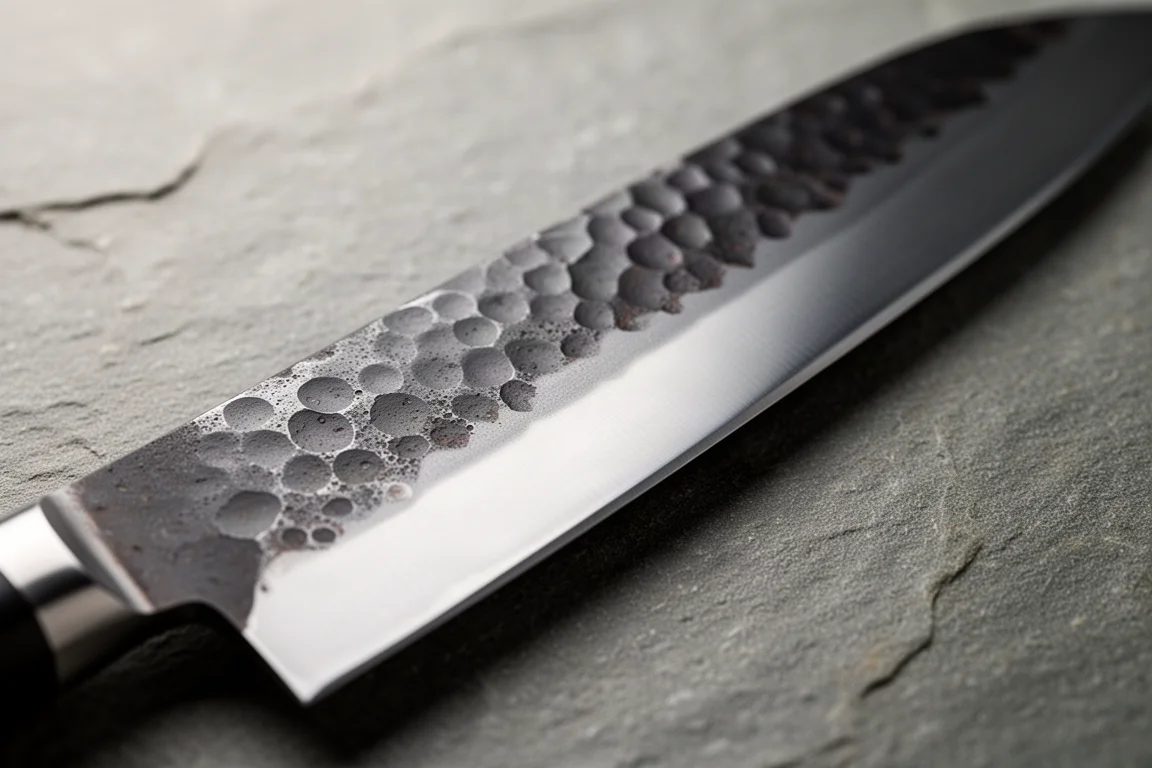 Close-up of a dark kurouchi knife blade showing hammered tsuchime texture