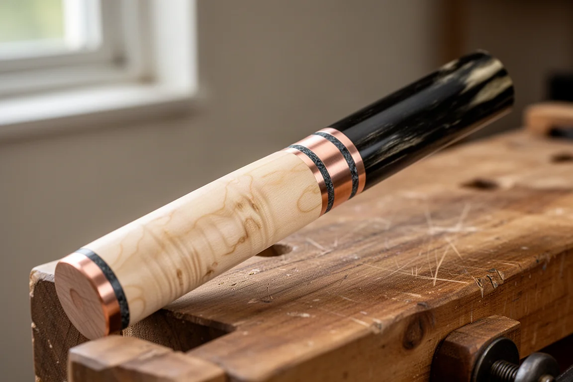 Custom knife handle in figured wood with copper spacers and dark horn ferrule