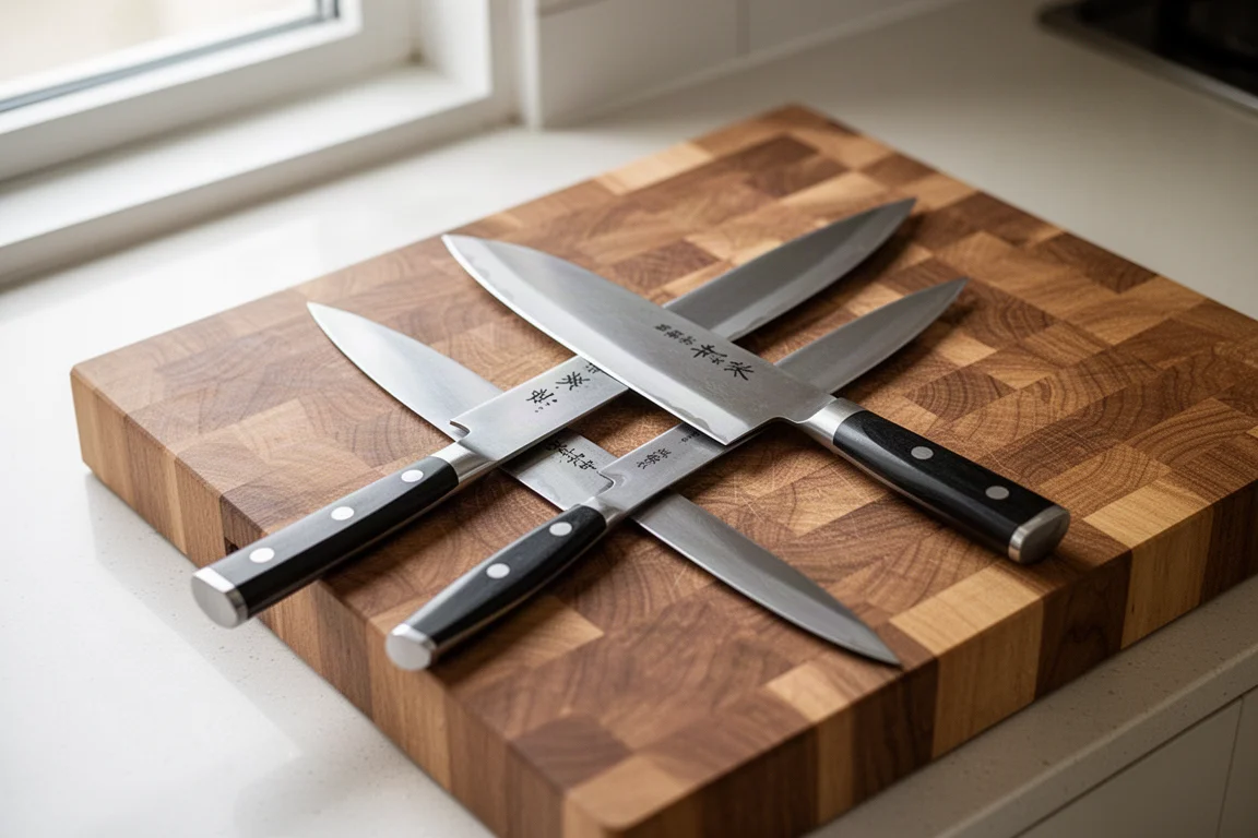 Two chef knives lying side by side on a wooden cutting board in a kitchen