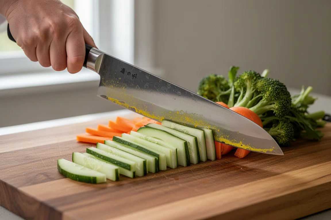 Chef knife slicing fresh vegetables on a cutting board in soft kitchen light
