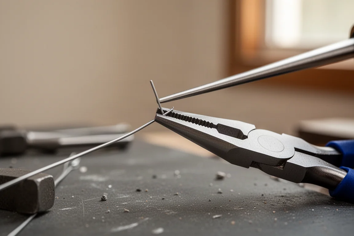 Precision needle-nose pliers gripping a tiny piece of wire on a workbench