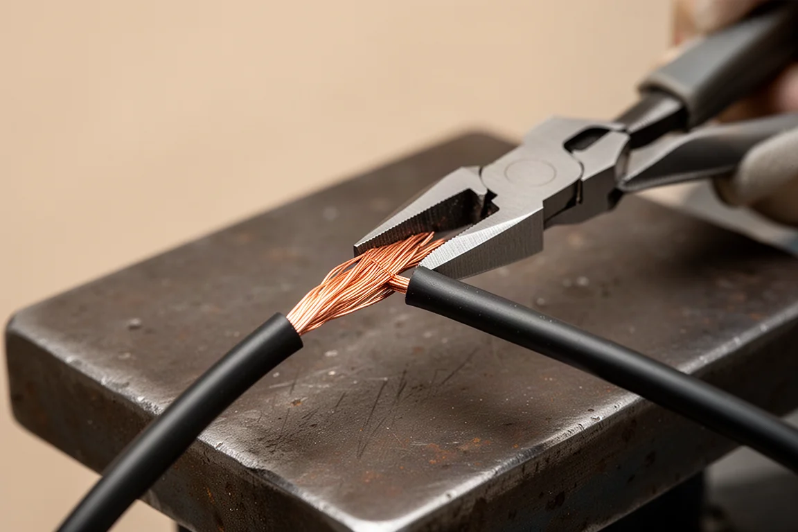 Precision pliers cutting insulation off a thick 12 gauge wire