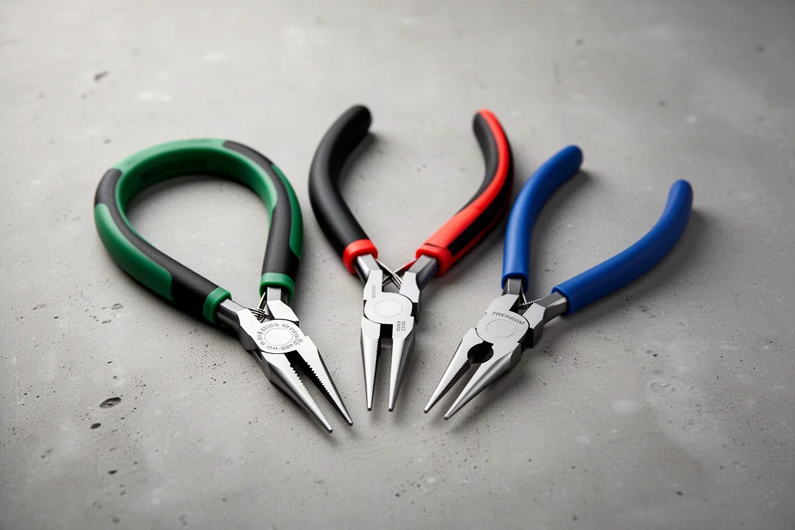 Three precision needle-nose pliers arranged on a concrete surface