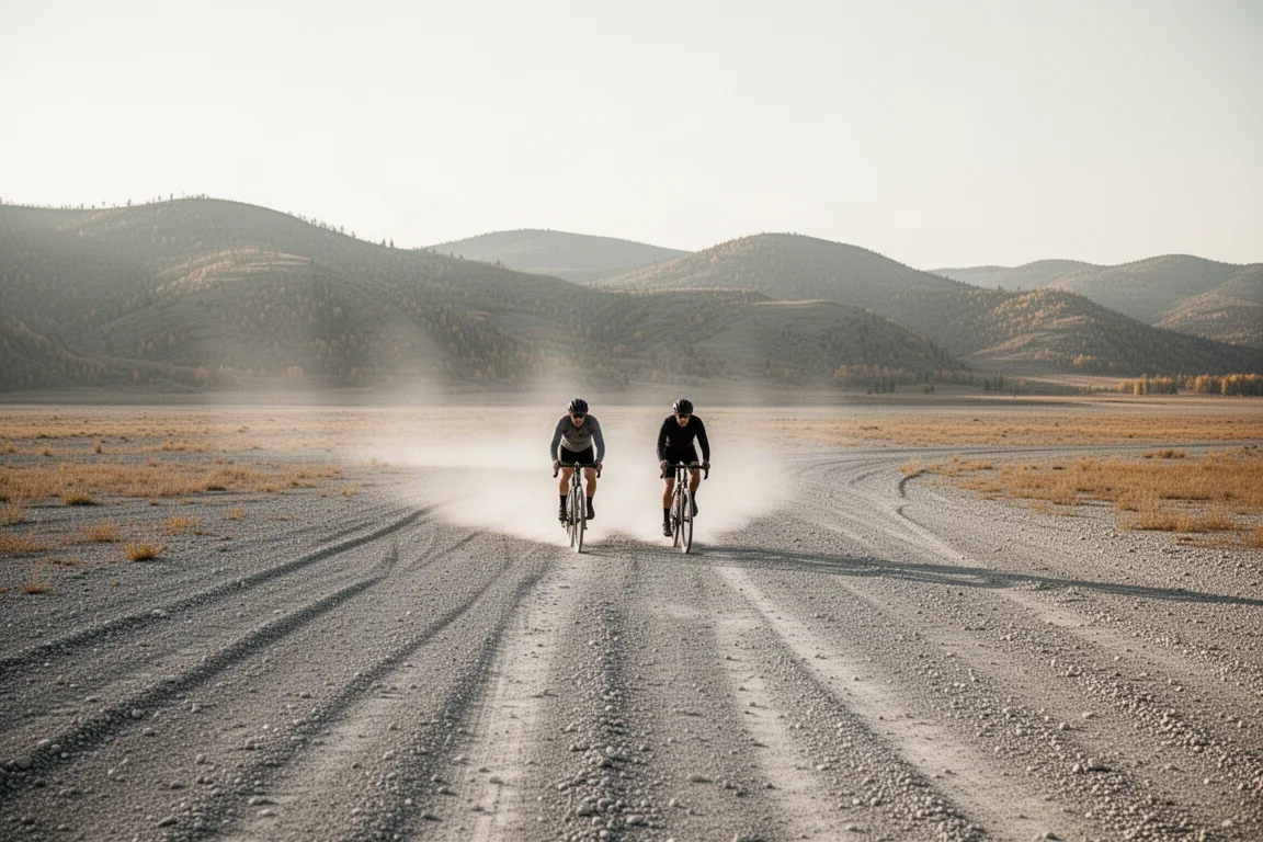 Zwei Radfahrer, die nebeneinander über eine weite offene Schotterebene fahren