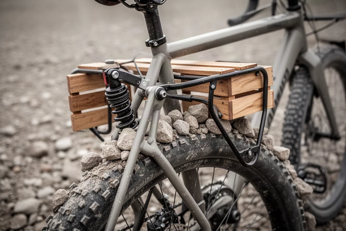 Nahaufnahme des Dämpfers und des schwenkbaren Gepäckträgers eines Gravelbikes, der eine kleine Kiste trägt