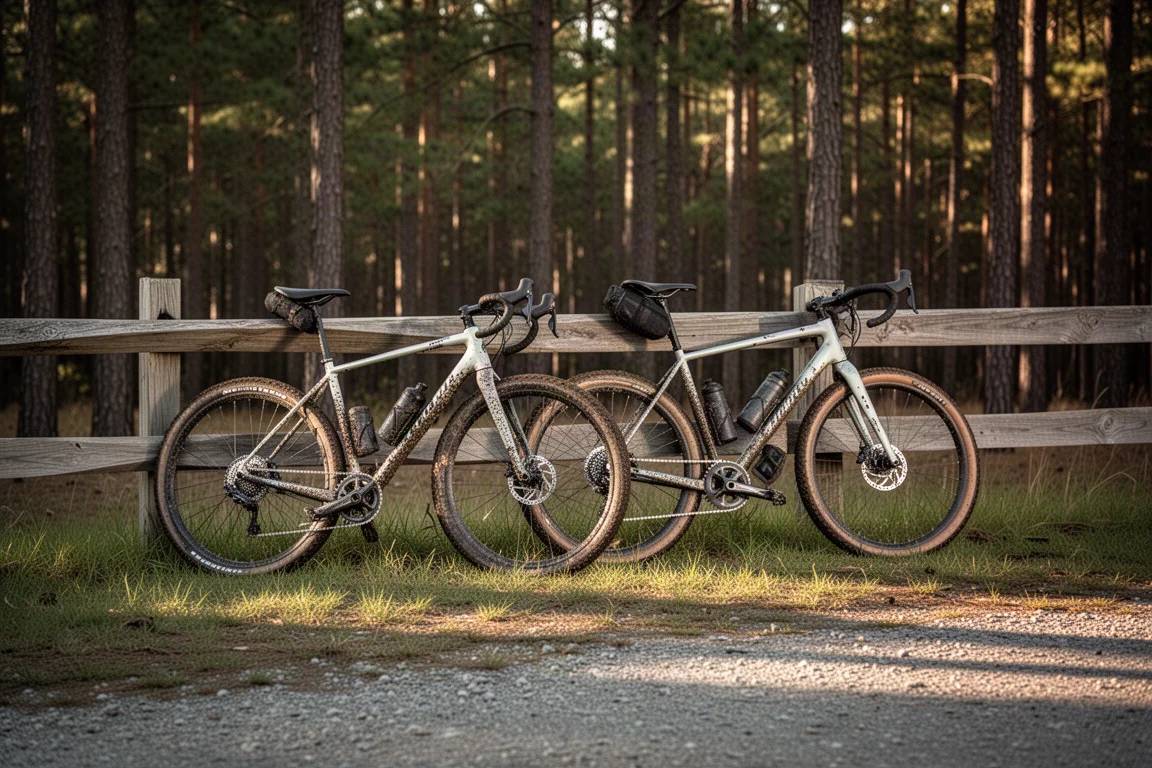Zwei Bikes, die nach einer Mixed-Surface-Fahrt im Wald an einem Holzzaun lehnen
