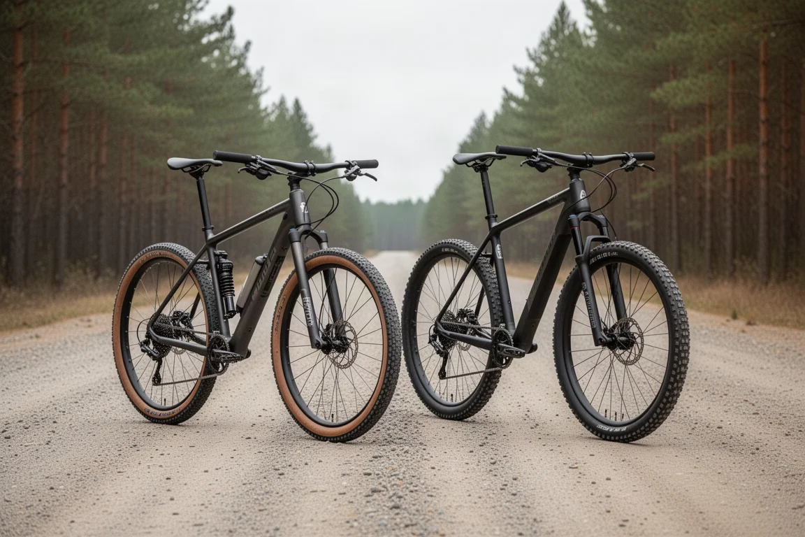 Gravelbike met racestuur en crosscountry-mountainbike met recht stuur naast elkaar op een gravelweg