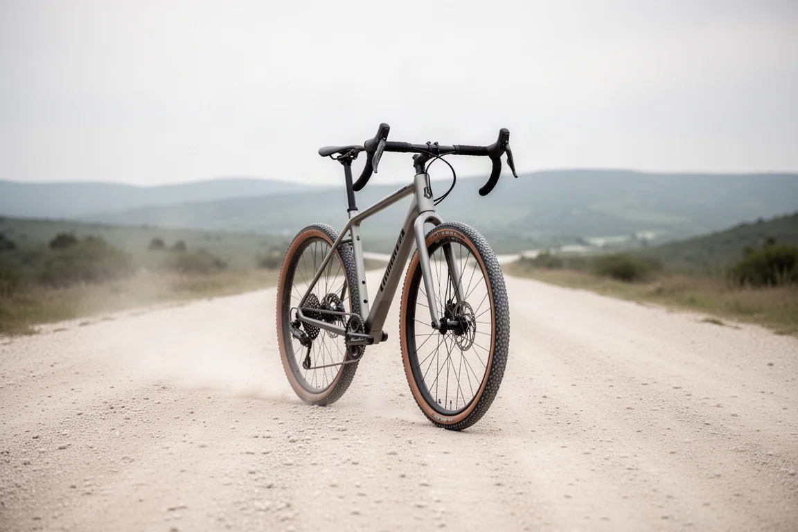 Full suspension gravel bike with drop bars rolling along a wide open gravel road