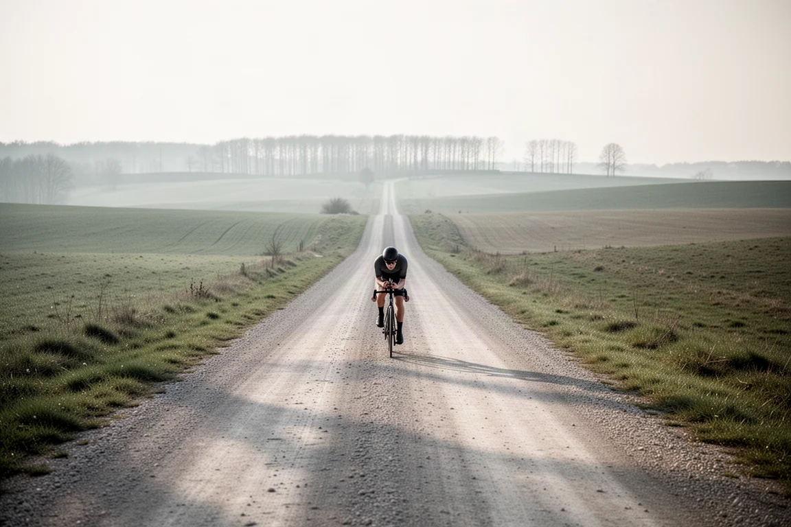 Rider on a gravel road at speed with wide open countryside in the background