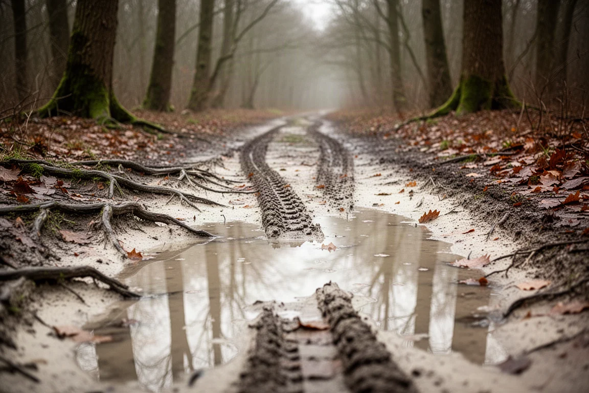 Wet muddy woodland trail with roots and chalky patches underfoot
