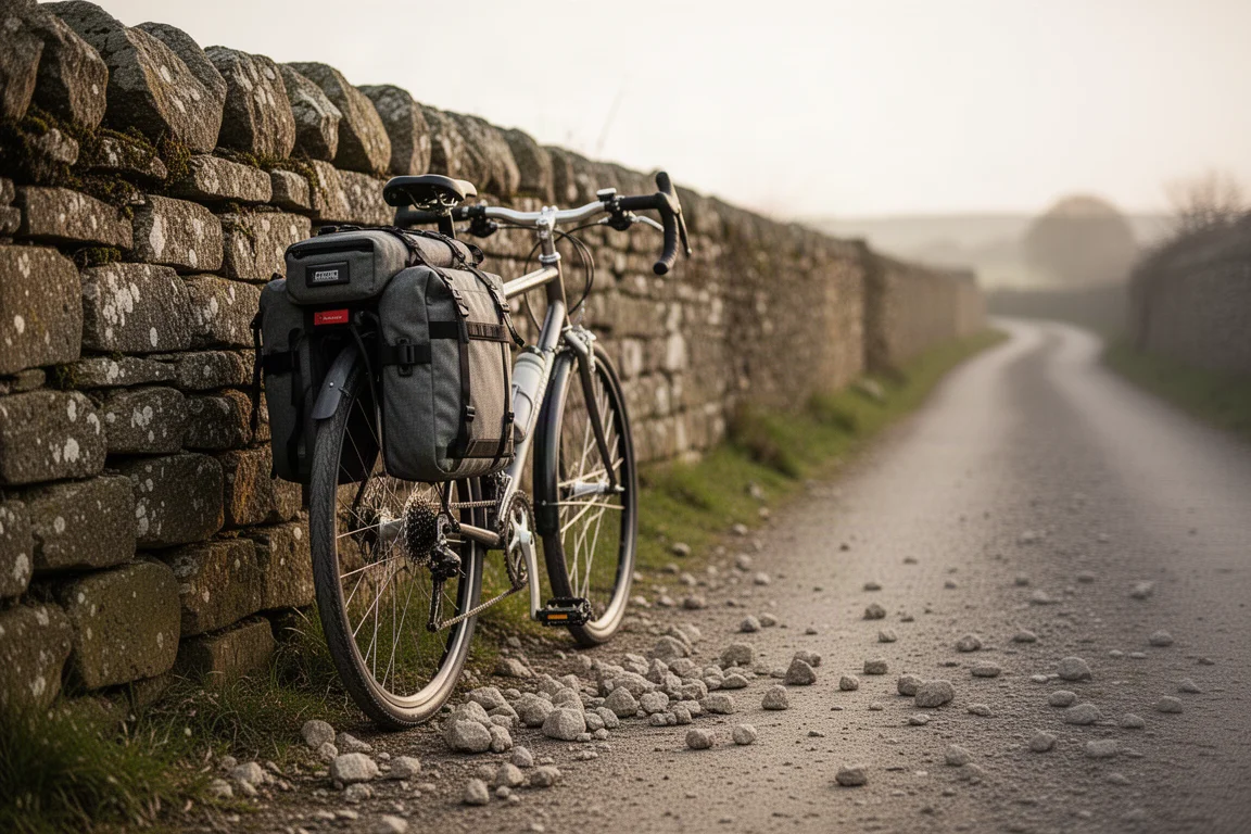 Bicycle loaded with a small rack bag outside a rural shop on a gravel lane