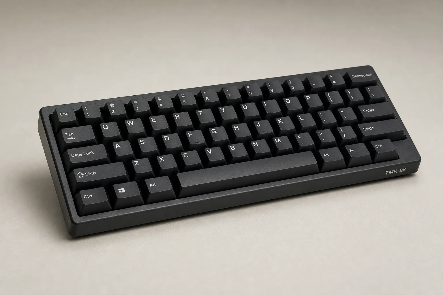 Moderne, kompakte Gaming-Tastatur mit mattschwarzem Finish auf einer Oberfläche aus gebürstetem Aluminium