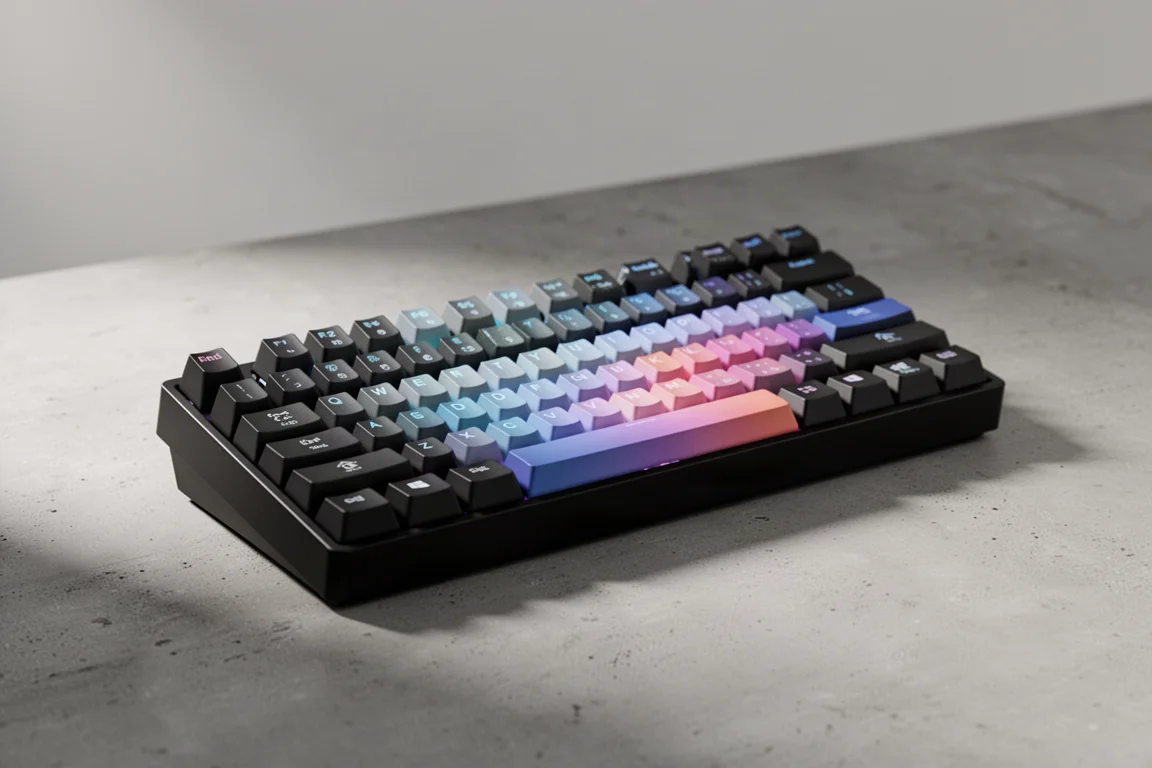 コンクリートのテーブルに、さまざまなサイズと素材のゲーミングキーボードが並べられた様子