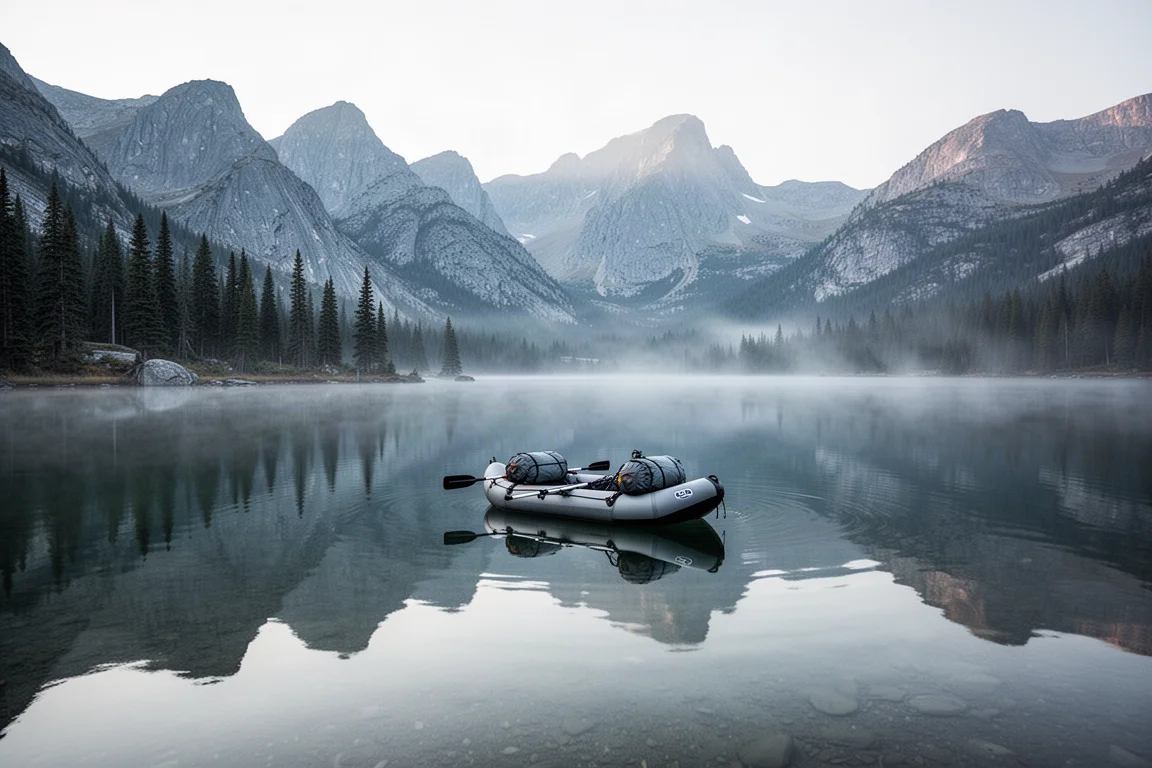 Pack raft che galleggia su un lago alpino immobile con pendii boscosi sullo sfondo