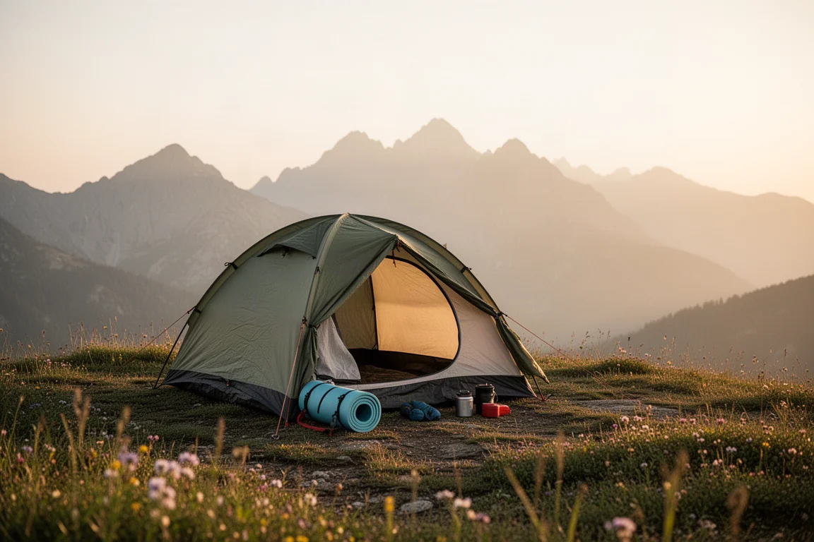Kleine tent op een bergkam tijdens het gouden uur met uitrusting erbuiten uitgestald