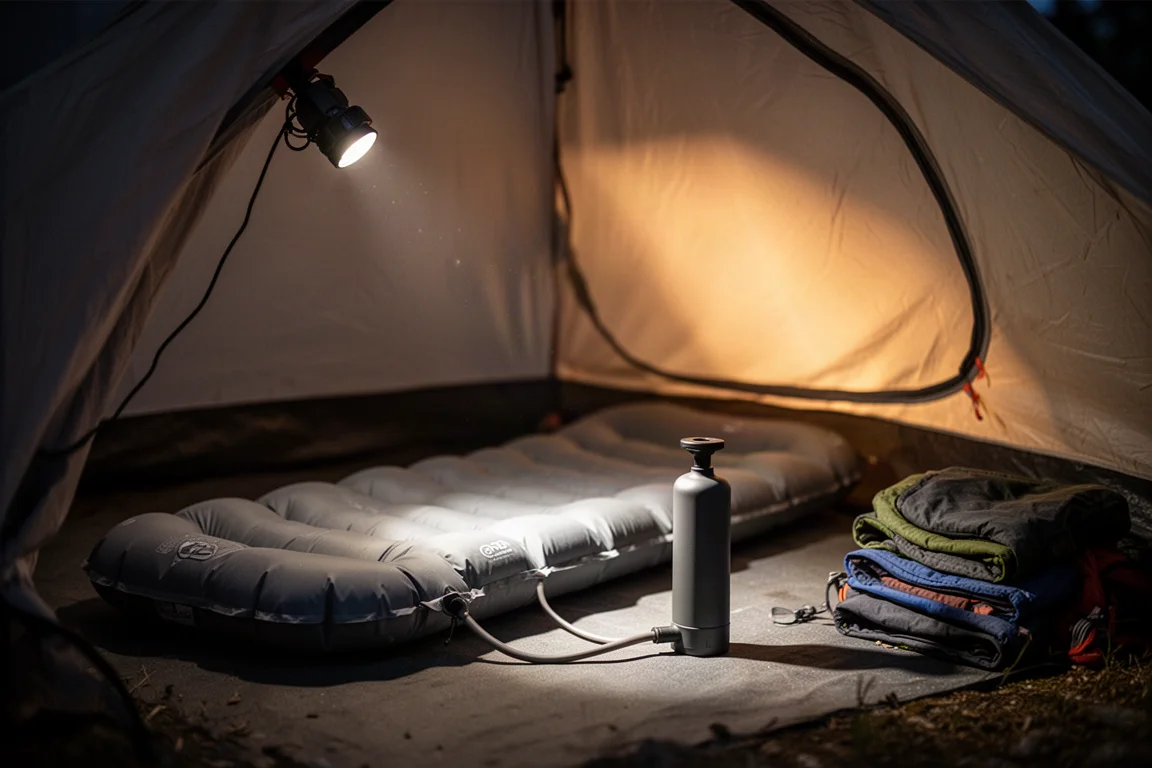 Kleine elektrische pomp blaast een slaapmat op in een tent bij nacht