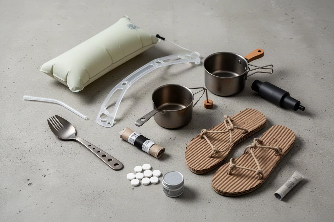 Flat-lay of small ultralight backpacking items including a pillow, spork, pot and pump on concrete