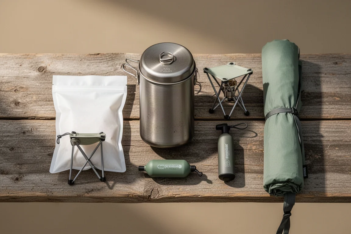 Ultralight backpacking gear arranged on rock beside an alpine lake