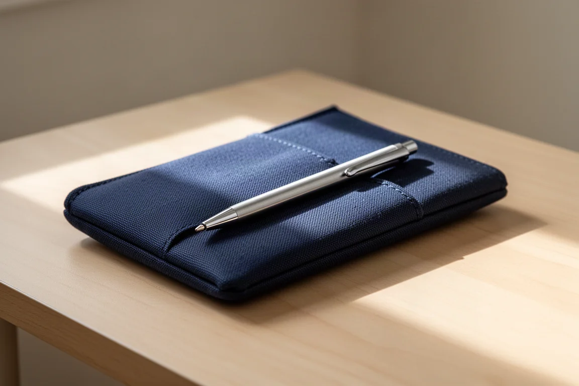 Donkerblauwe stoffen pen-etui gesloten op een bureau met een balpen in het voorvakje