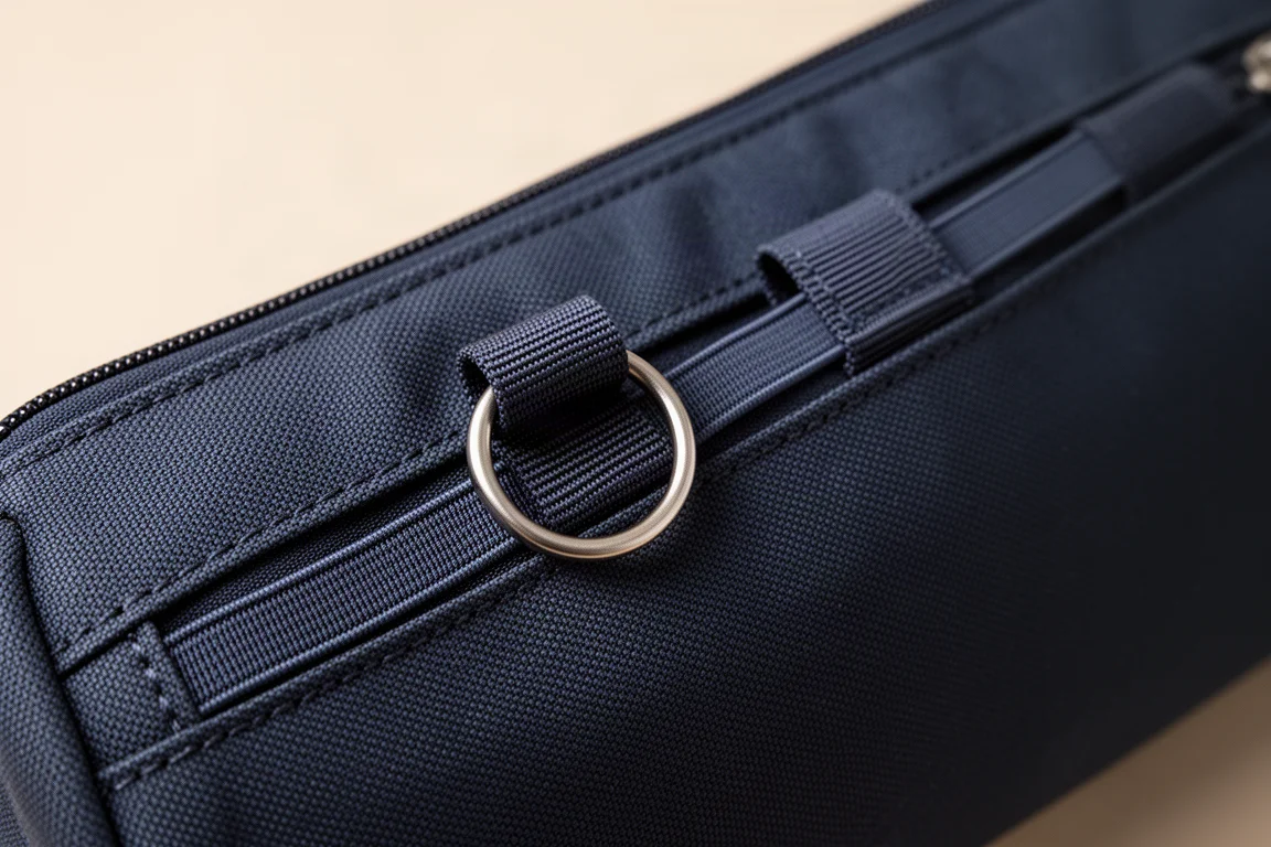 Close-up van een uitschuifbaar ringmechanisme aan de zijkant van het voorvakje van een pen-etui