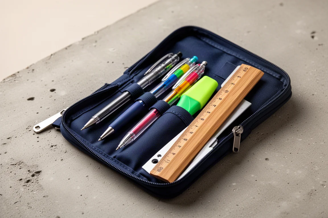 Open pen-etui op een bureau gevuld met pennen, een liniaal en een klein gummetje