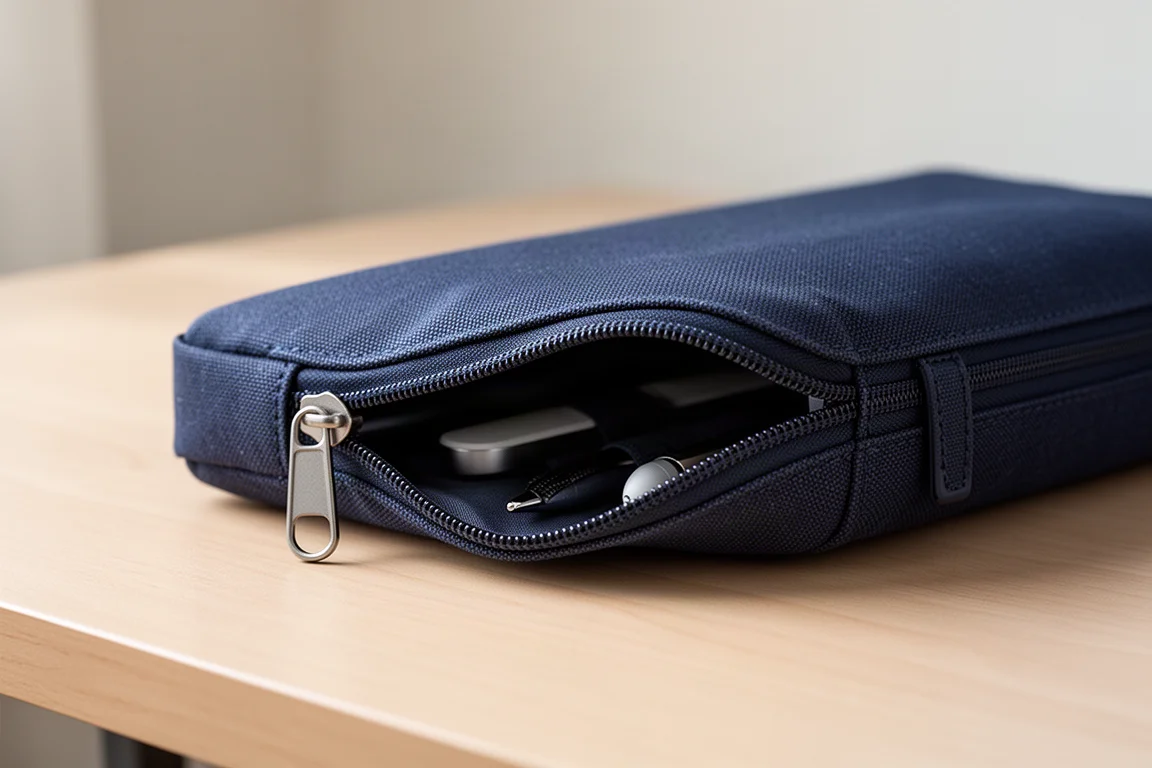Halfopen pen-etui op een bureau dat een smalle openingshoek toont