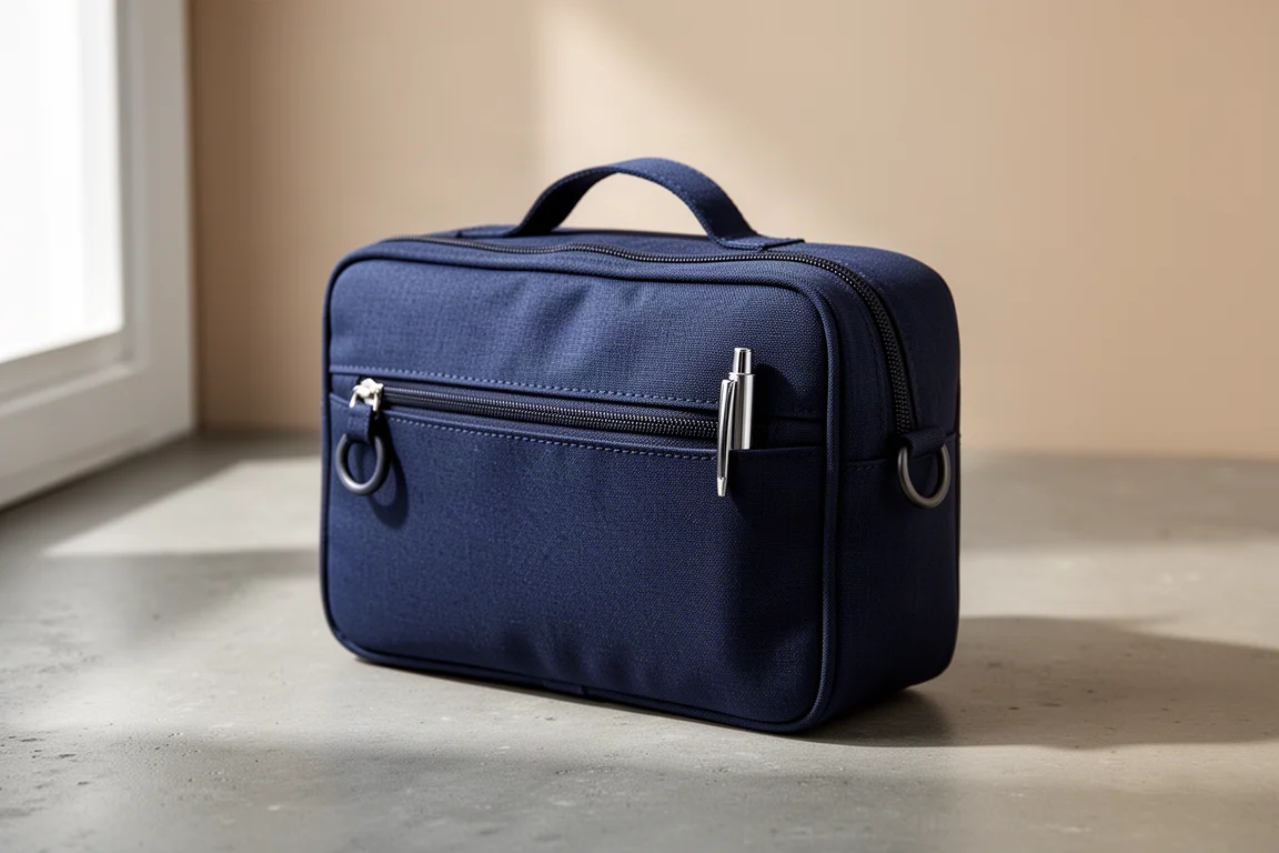 Navy Funnies Front Slide Pen Case with a pen in the front pocket on a concrete surface