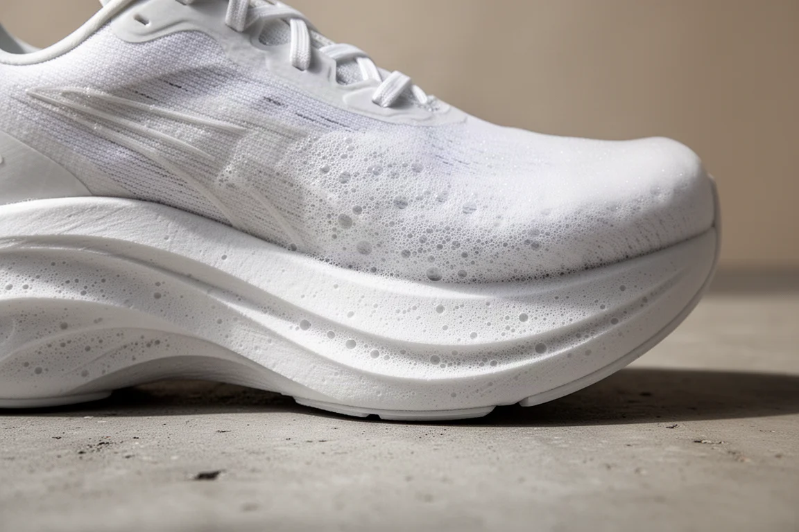 Nahaufnahme einer dicken weißen Superfoam-Mittelsohle an einem Racing-Schuh