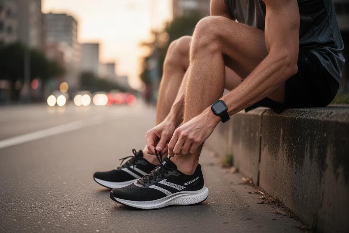 Läufer schnürt einen schwarzen Racing-Schuh auf einer Stadtstraße