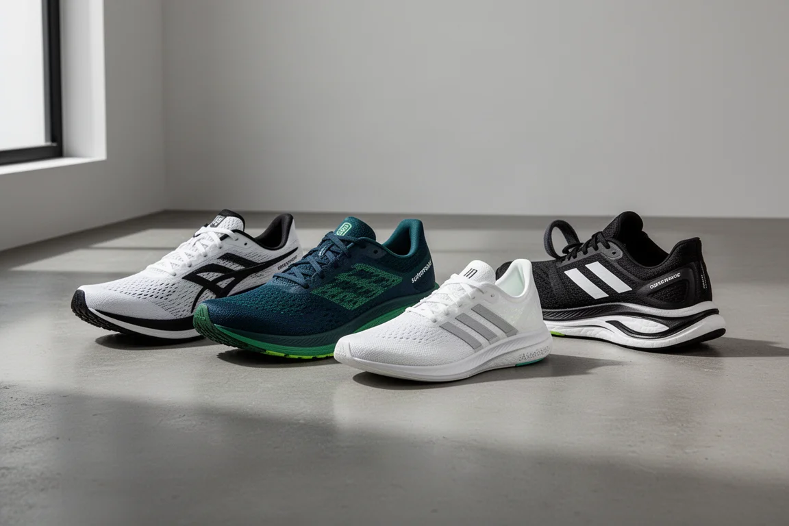 Four modern racing running shoes arranged in a row on a grey concrete floor