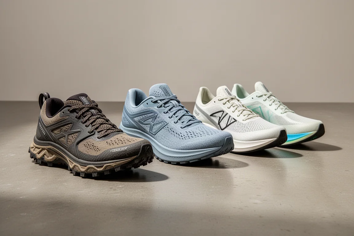 Four running shoes including a trail shoe and three road trainers on concrete