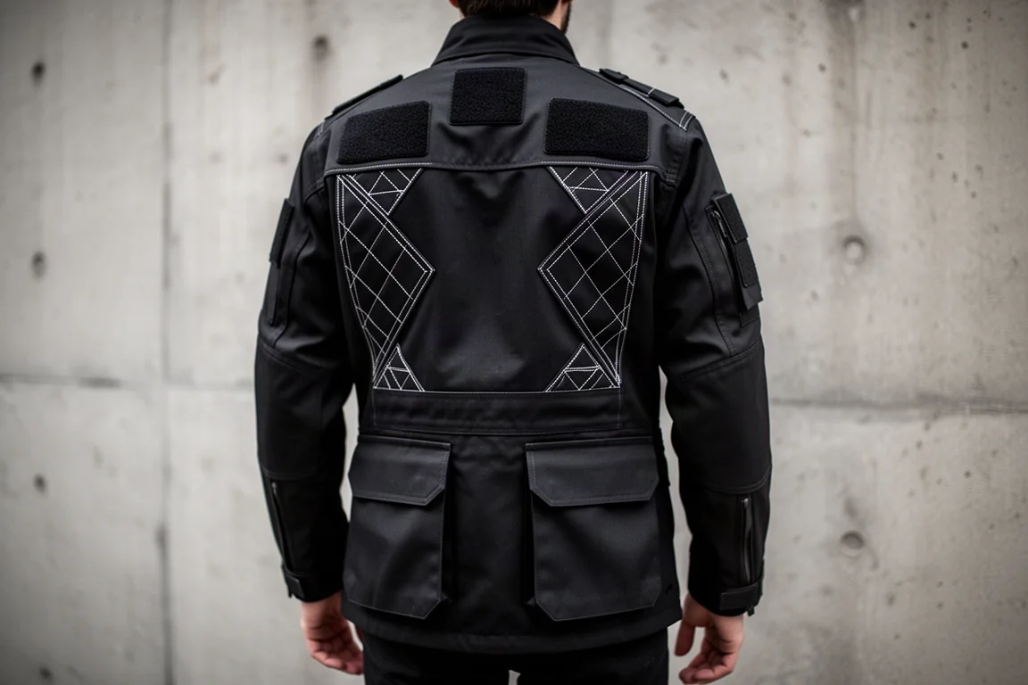Persona con una chaqueta techwear negra con patrones de puntadas mixtas y paneles de parches