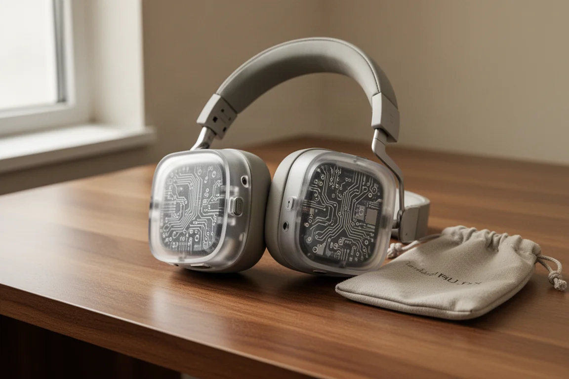 Auriculares over-ear con paneles translúcidos en las copas y controles físicos sobre un escritorio