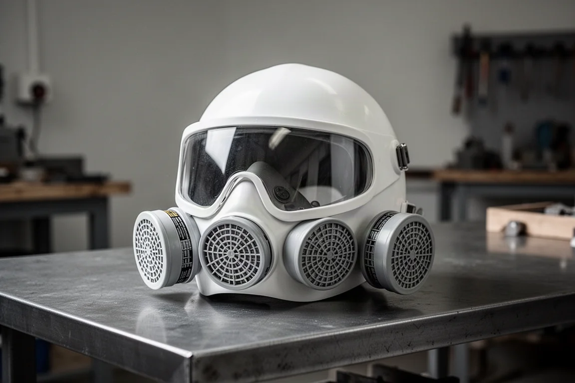 Casco blanco con grandes filtros circulares laterales iluminados en un ambiente de taller