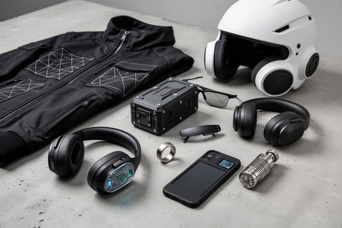 Flat-lay of eight futuristic gadgets including a jacket, smart glasses, headphones, a lighter, and a filtered helmet