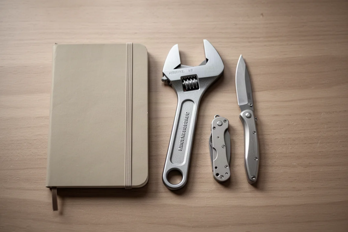 Kleiner titanischer Schraubenschlüssel auf einem Schreibtisch neben Everyday-Carry-Gegenständen
