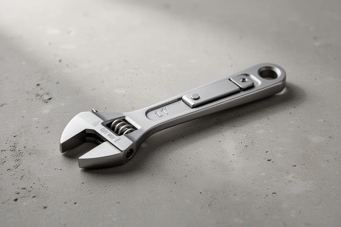Small titanium adjustable wrench with hinged bit compartment on concrete surface