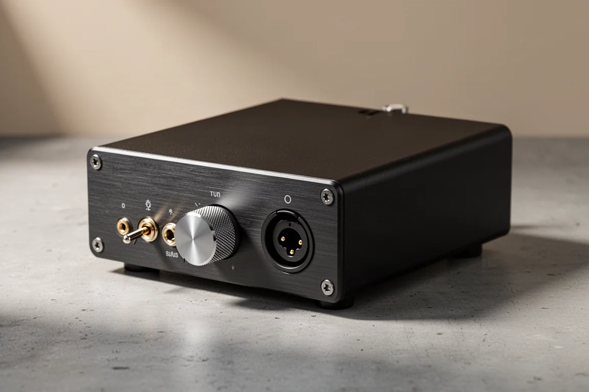 Compact desktop DAC and headphone amplifier with metal front panel on a concrete surface