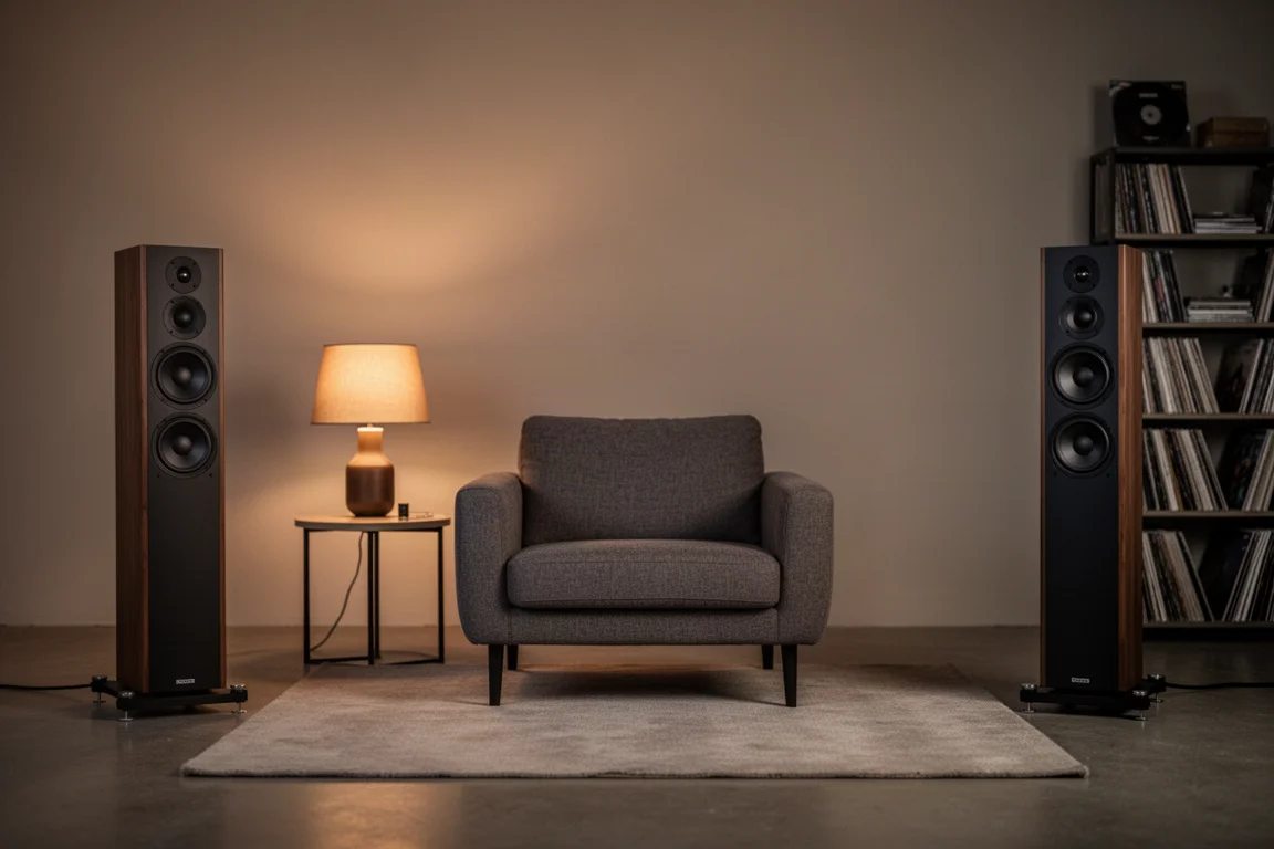 Two slim tower speakers flanking an armchair in a warmly lit listening room at dusk