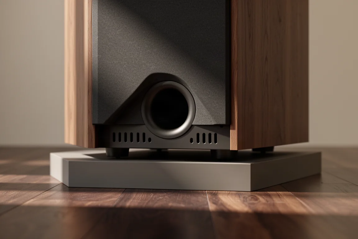 Low-angle view of a speaker underside showing a downward-firing bass port and base vents