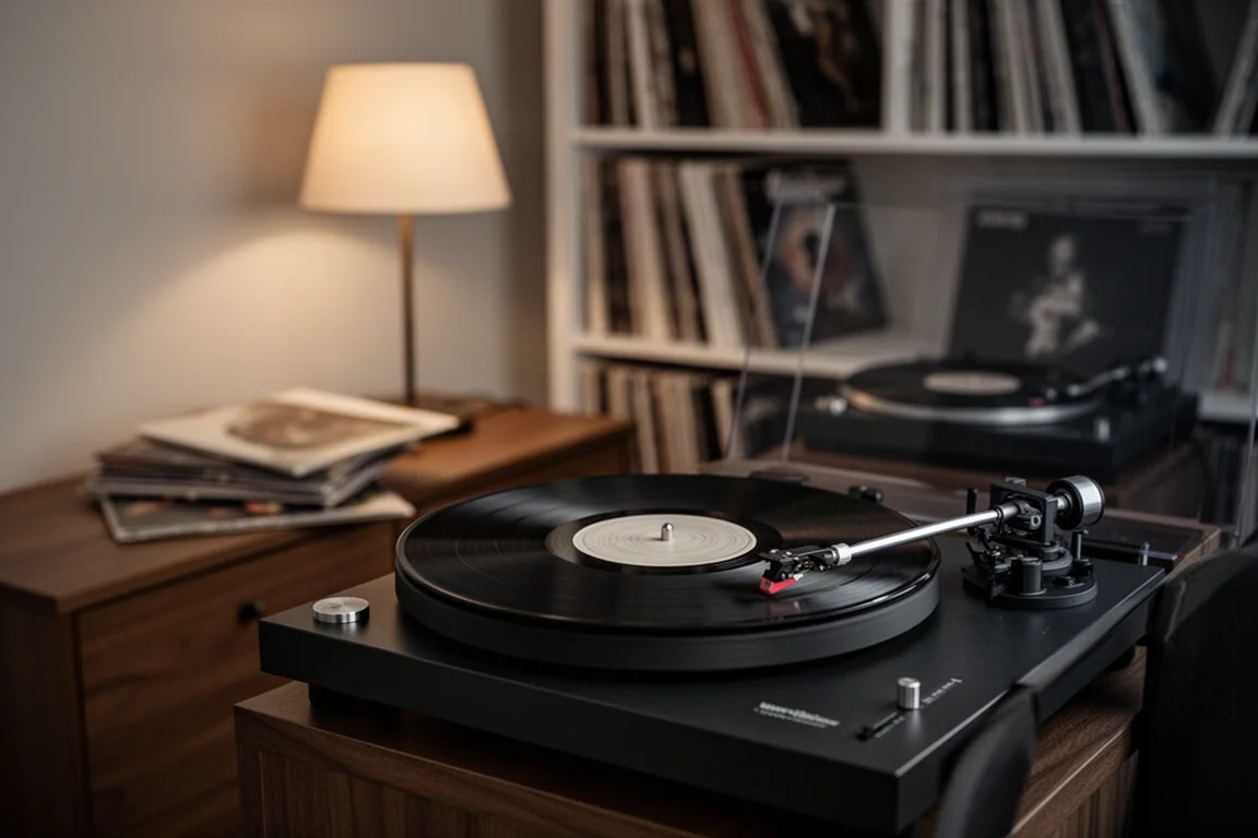 Turntable playing a vinyl record in a dim listening room with record shelves behind