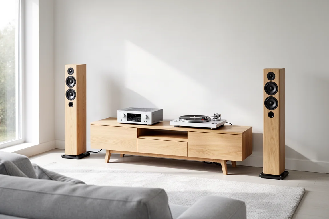Two floorstanding speakers beside a media console in a bright contemporary living room