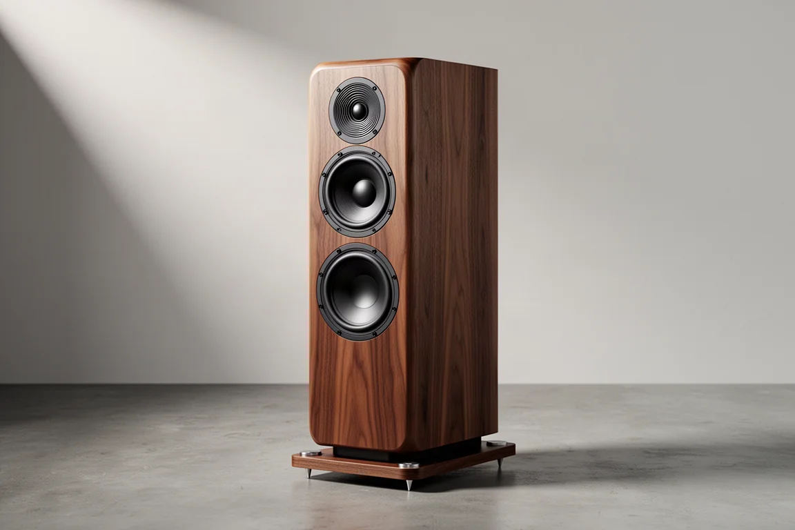 Slender walnut veneer floorstanding tower speaker with two drive units on a concrete floor